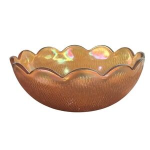 Vintage Jeannette Carnival Glass Bowl 7.5" Tree Bark Marigold Scallop Iridescent